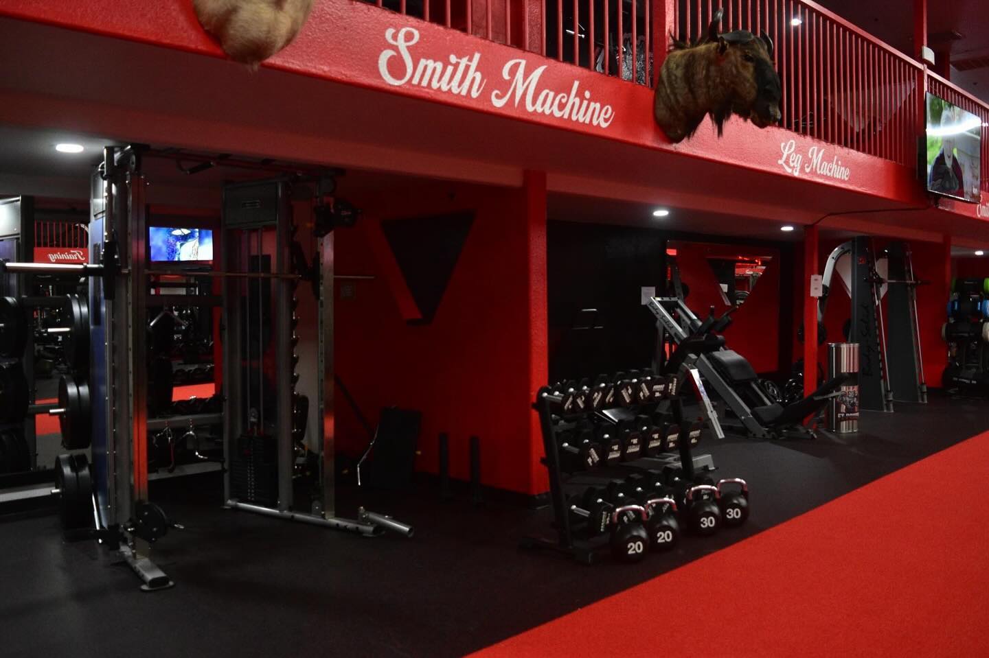 Smith machine, leg equipment, and dumbbells inside FT Power Gym